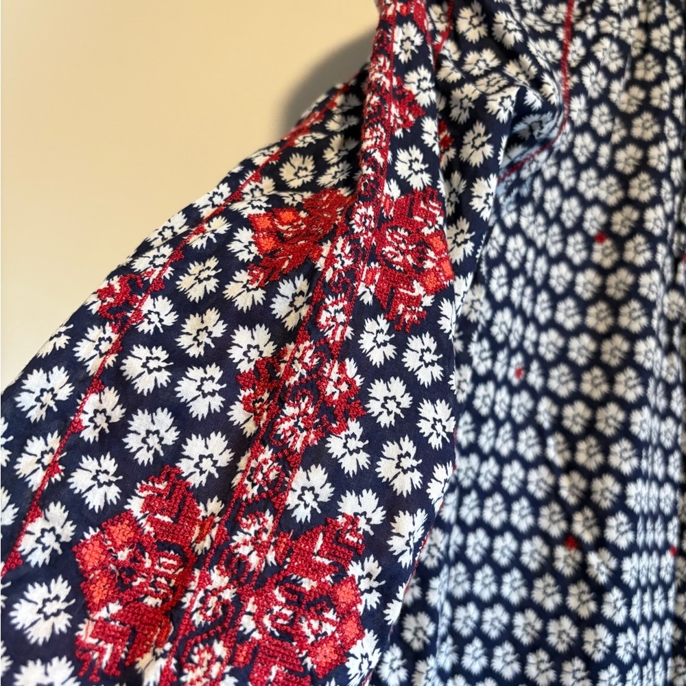 J. Crew Navy & Red Embroidered Cotton Peasant Blouse - Picture 3 of 4